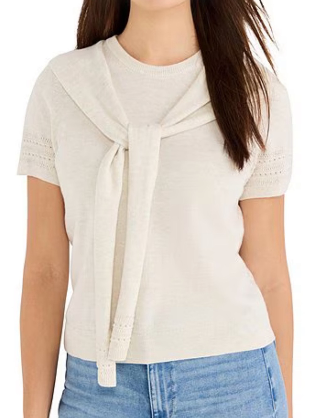 NIC+ZOE Cream Short-Sleeve Knit Top with Tie-Front Detail